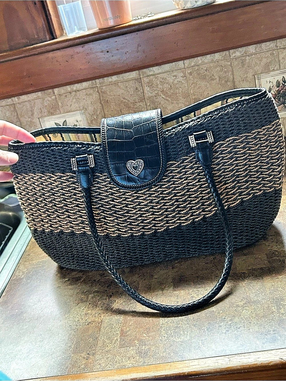 Brighton Woven Striped Tote in Black & Brown